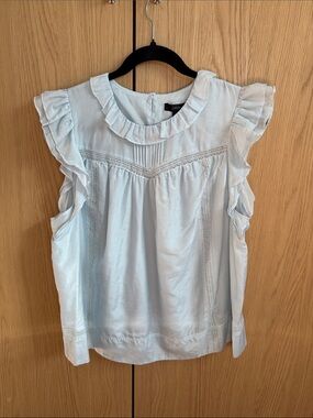 J. Crew Light Blue Silk and Cotton Blend Lined Ruffle-Yoke Sleeveless Blouse